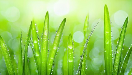 Poster - Dewdrops on Lush Green Grass Blades with Bokeh Background
