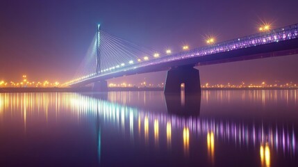 Poster - Modern suspension bridge illuminated at night, reflecting on calm waters in an urban cityscape
