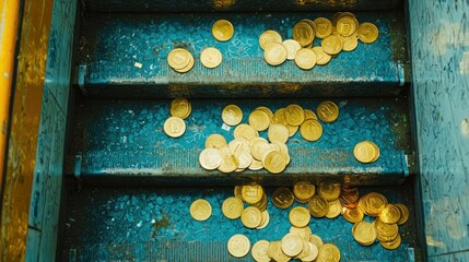 Sticker - Golden Coins Scattered on Teal-Colored Steps