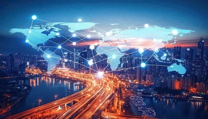 Aufkleber - A Digital World Map Over a Nighttime Cityscape with Interconnected Nodes