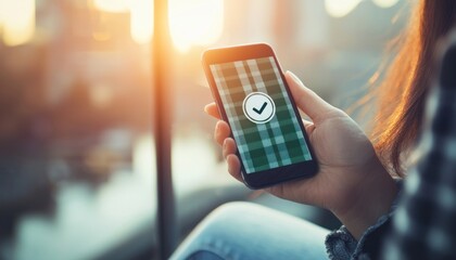 Poster - Woman Holding Smartphone with Checkmark Icon on Screen
