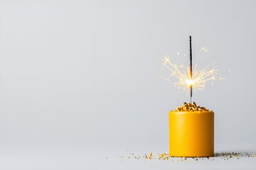 Wall Mural - Lit Sparkler on Yellow Cylinder with Gold Confetti