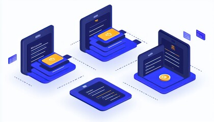 Poster - Four Isometric Blue Smartphone Devices With Yellow Highlights