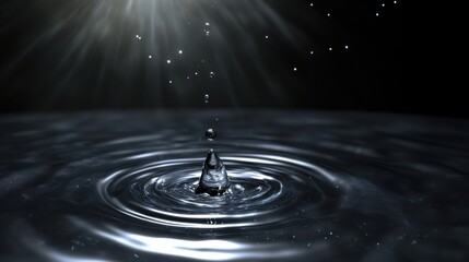 Poster - Futuristic concept of a water droplet falling into a still surface, creating ripples under soft light in a dark environment