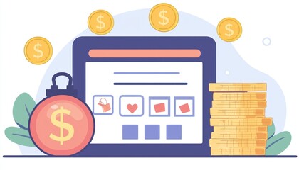 Poster - Online Shopping and Financial Gains Represented by Dollar Signs and a Stack of Gold Coins