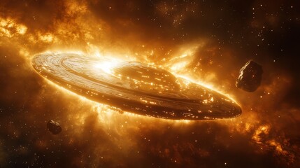 Poster - Dramatic shot of a luminous spaceship hovering in a vibrant cosmic environment surrounded by asteroids and fiery clouds
