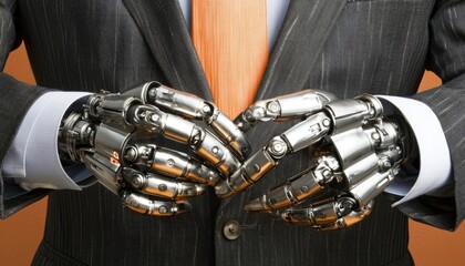 Poster - A Man in a Suit with Robotic Hands Clasped in Front of Him