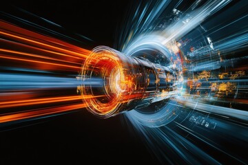 Leinwandbilder - A stunning double exposure of a futuristic machine showcasing vibrant energy flows and intricate details in a vibrant digital environment