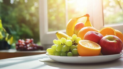 Aufkleber - A vibrant display of fresh fruits on a plate by a sunlit window during a bright afternoon