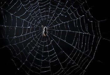 Wall Mural - A detailed spider web with intricate patterns against a dark background
