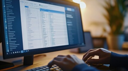 Aufkleber - A close-up view of a computer screen displaying data while a person types during a productive working session in a cozy office