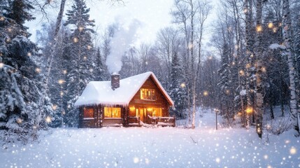 Poster - A warm cabin glows in the snowy forest, surrounded by tall trees and gentle swirling snowflakes in the evening light