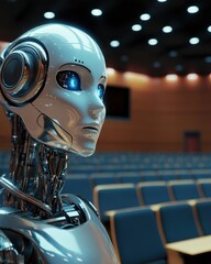 Poster - A close-up shot of a futuristic robot's face with glowing blue eyes in a modern auditorium setting during a technology exhibition event