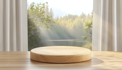 Aufkleber - Wooden Platform with Blurred Forest and Lake View