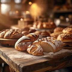 Aufkleber - Freshly baked bread and pastries arranged on a wooden table in a cozy bakery during golden hour