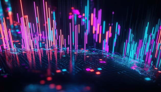 Abstract digital landscape with neon lines and grid pattern