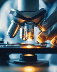 Poster - A researcher carefully adjusts a microscope during a laboratory experiment in a modern science facility