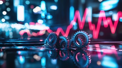 Poster - Interlocking Gears Against a Red and Blue Cityscape Background