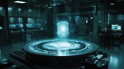 Leinwandbilder - A high-tech laboratory showcasing advanced holographic technology and cutting-edge equipment in a futuristic setting