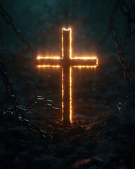 Aufkleber - A glowing cross illuminates a dark, mysterious setting surrounded by chains during twilight hours evoking a profound sense of contemplation