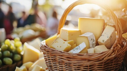 Poster - A beautifully arranged cheese basket filled with artisanal cheeses sourced from local farms at a vibrant outdoor market