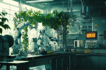 Poster - a futuristic laboratory filled with robotic arms and thriving plants, showcasing advanced technology