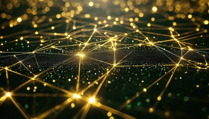 Poster - Abstract Network of Golden Lines and Lights on a Glittering Dark Green Background