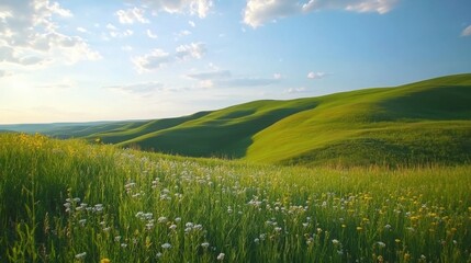 Poster - A stunning view of rolling green hills adorned with colorful flowers under a bright sky during golden hour