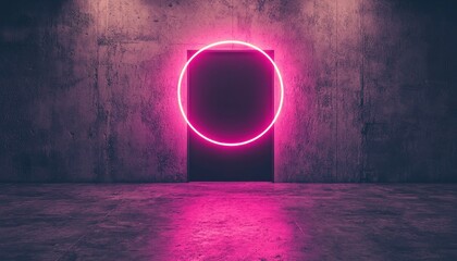 Aufkleber - A Pink Neon Circle Above a Doorway in a Concrete Room