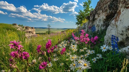 Poster - A stunning view of colorful wildflowers blooming in Wind Cave National Park on a sunny day, showcasing nature's beauty in South Dakota