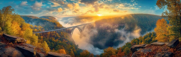 Aufkleber - A stunning autumn sunrise over the New River Gorge with fog enveloping the landscape and bridge