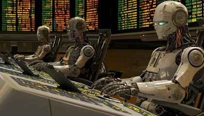 Aufkleber - Three Androids Working At A Futuristic Control Panel