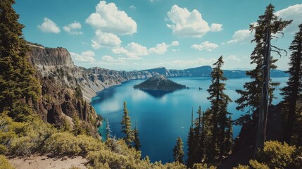 Poster - A stunning view of Crater Lake National Park showcasing the deep blue water surrounded by towering cliffs and lush trees on a sunny day