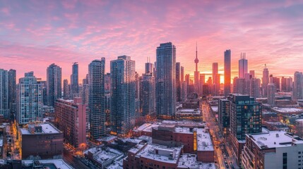 Aufkleber - A stunning sunset view over the Toronto skyline showcasing skyscrapers and vibrant colors illuminating the bustling city