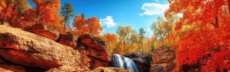 Poster - Discover the stunning autumn landscape of Hocking Hills State Park with vibrant foliage and a cascading waterfall under a bright blue sky