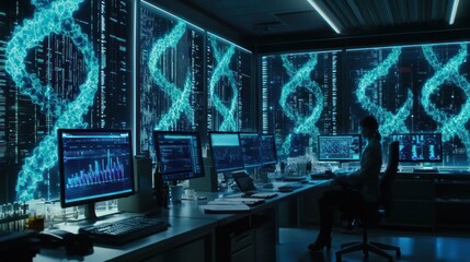 Poster - A scientist working late in a laboratory with digital displays showcasing genetic data