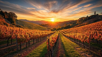 Poster - A stunning sunset view over the vibrant vineyards in Napa Valley showcasing rows of grapevines under a colorful sky at dusk