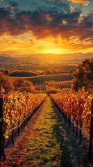 Poster - Breathtaking sunset over the vineyards of Napa Valley showcasing rows of vines and golden light in the evening sky