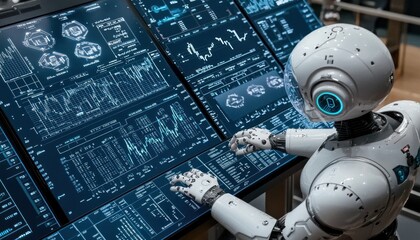 Fototapete - A humanoid robot analyzing data on multiple digital screens