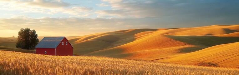 Poster - Breathtaking view of golden rolling hills under a picturesque sky during sunset in a peaceful rural landscape