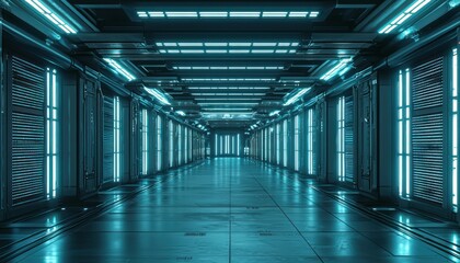 Poster - Futuristic Corridor with Blue Neon Lights and Metal Walls