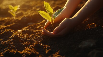 Poster - Hands Carefully Holding a Young Sprout in Soil at Sunset