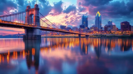 Poster - A stunning sunset view of the Cincinnati skyline with reflections on the Ohio River and the iconic bridge