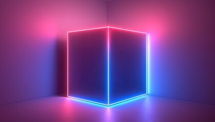 Poster - A black cube illuminated with pink and blue neon lights