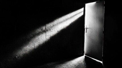 Aufkleber - A Light Beam Illuminates a Dark Room Through an Open Doorway