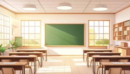 Poster - An Empty Classroom with Desks, a Blackboard, and Bookshelves