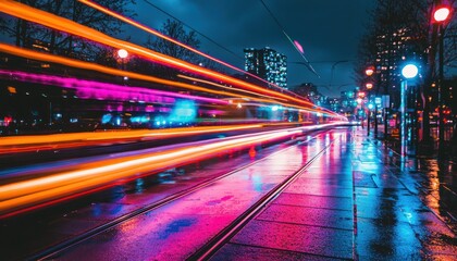 Poster - Neon Lights Reflecting on Wet Pavement in a City Street