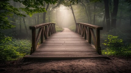 Poster - Wooden Bridge Leading Through a Misty Forest Path