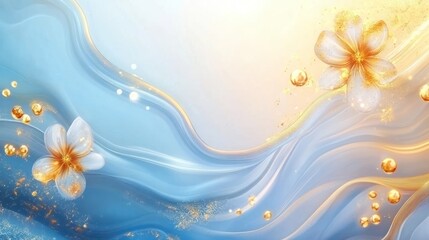 Poster - Abstract Blue Wave Background With Gold Flowers