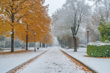 Poster - Snowy Pathway Through Autumnal Trees in a Park